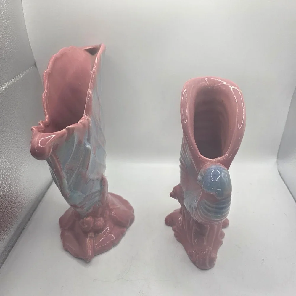 Vintage Haeger Art Pottery Peacock & Leaf Vases Pink Blue Glaze Matching Pair